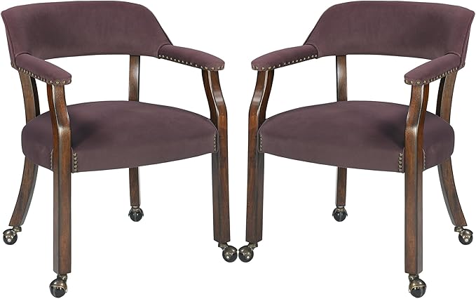 MODERION Dinning Chairs with Wheels and Arms Set of 2, Solid Wood Office Desk Chairs with Frosted Velvet Upholstered, Classic Swivel Accent Chairs,31.5" H Boss Caption's Chair, Plum XXY-HT22-PM