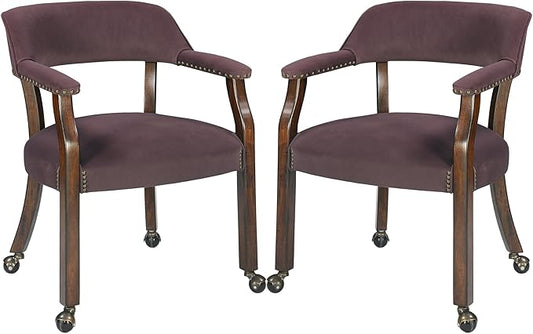 MODERION Dinning Chairs with Wheels and Arms Set of 2, Solid Wood Office Desk Chairs with Frosted Velvet Upholstered, Classic Swivel Accent Chairs,31.5" H Boss Caption's Chair, Plum XXY-HT22-PM