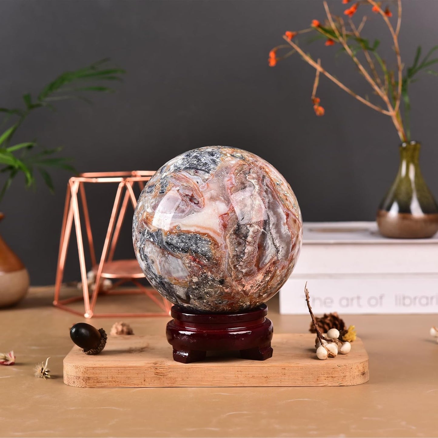 JIC Gem Extra Large Striped Agate Crystal Sphere Decorative Crystal Ball Healing Gemstone Sphere for Meditation Office Table Decorations 100-110mm