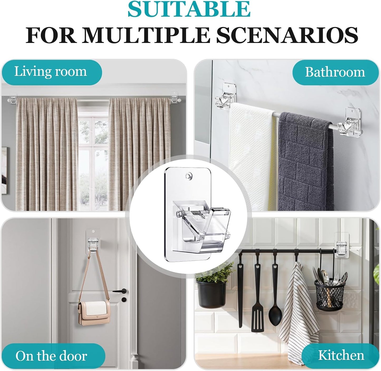 Adhesive No Drill Curtain Rod Brackets - Heavy Duty 30LB Holders for Bathroom Bedroom Kitchen, Universal Damage-Free Window Rod Hooks with Nail-Free Installation (4PC Transparent)