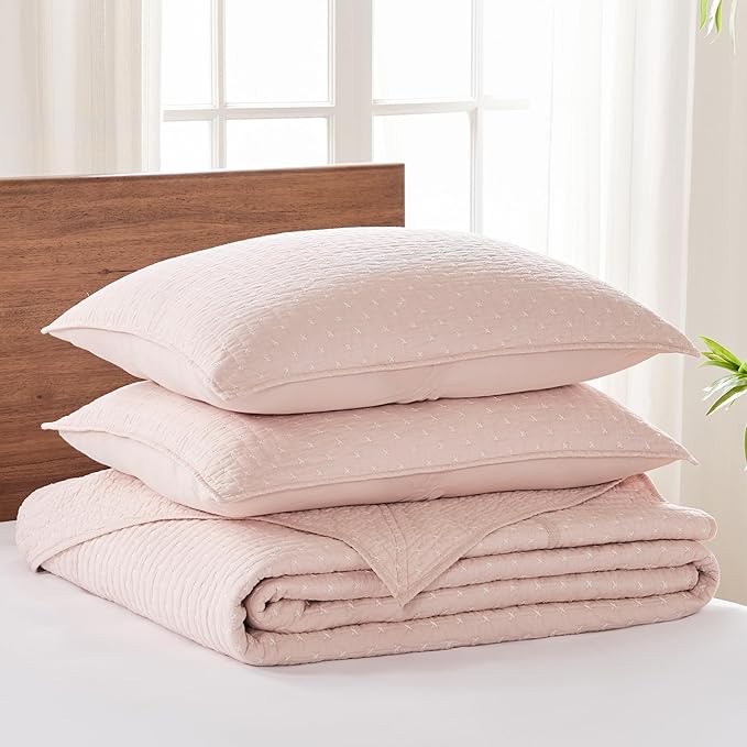 Levtex Home Cross Stitch Reversible Twin Bedspread Set (84x104in) with 1 Pillow Sham (26x20in) - Stitch Texture - Blush - Cotton Twin Size Bedspread Set - Lightweight, Soft, Pre-Washed