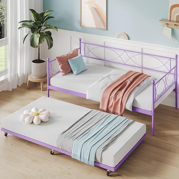 IDEALHOUSE Twin daybed with Trundle, Metal Twin Daybed and Trundle Set, Day Bed Sofa Bed Frame with Steel Slat Support, Multifunctional Daybed Frame for Bedroom (Purple Sets)