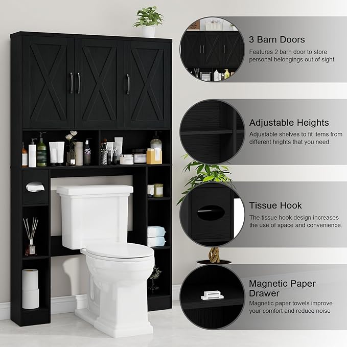 Over The Toilet Storage Cabinet, Farmhouse Toilet Cabinet Rack with 3 Barn Doors, Space Saving Bathroom Organizer with Shelves, Toilet Paper Holder and Towel Rack for Bathroom,Restroom,Pure Black