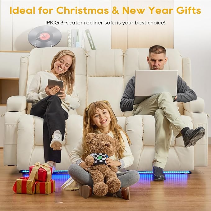 IPKIG 67" Power Reclining Loveseat Sofa, Electric Home Theater Seating with Console/4 Colors Ambient Lighting/Bluetooth Speakers/USB Ports/Built-in Outlets (Off-White, Loveseat Recliner)