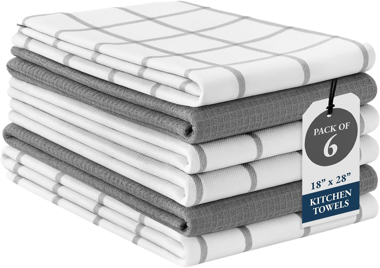 LANE LINEN Cotton Kitchen Towels and Dish Cloths Set, 6-Pack – Absorbent, Quick-Drying Dish Towel, 18" x 28", Soft, Premium Hand and Tea Towels - Grey