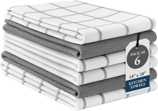 LANE LINEN Cotton Kitchen Towels and Dish Cloths Set, 6-Pack – Absorbent, Quick-Drying Dish Towel, 18" x 28", Soft, Premium Hand and Tea Towels - Grey