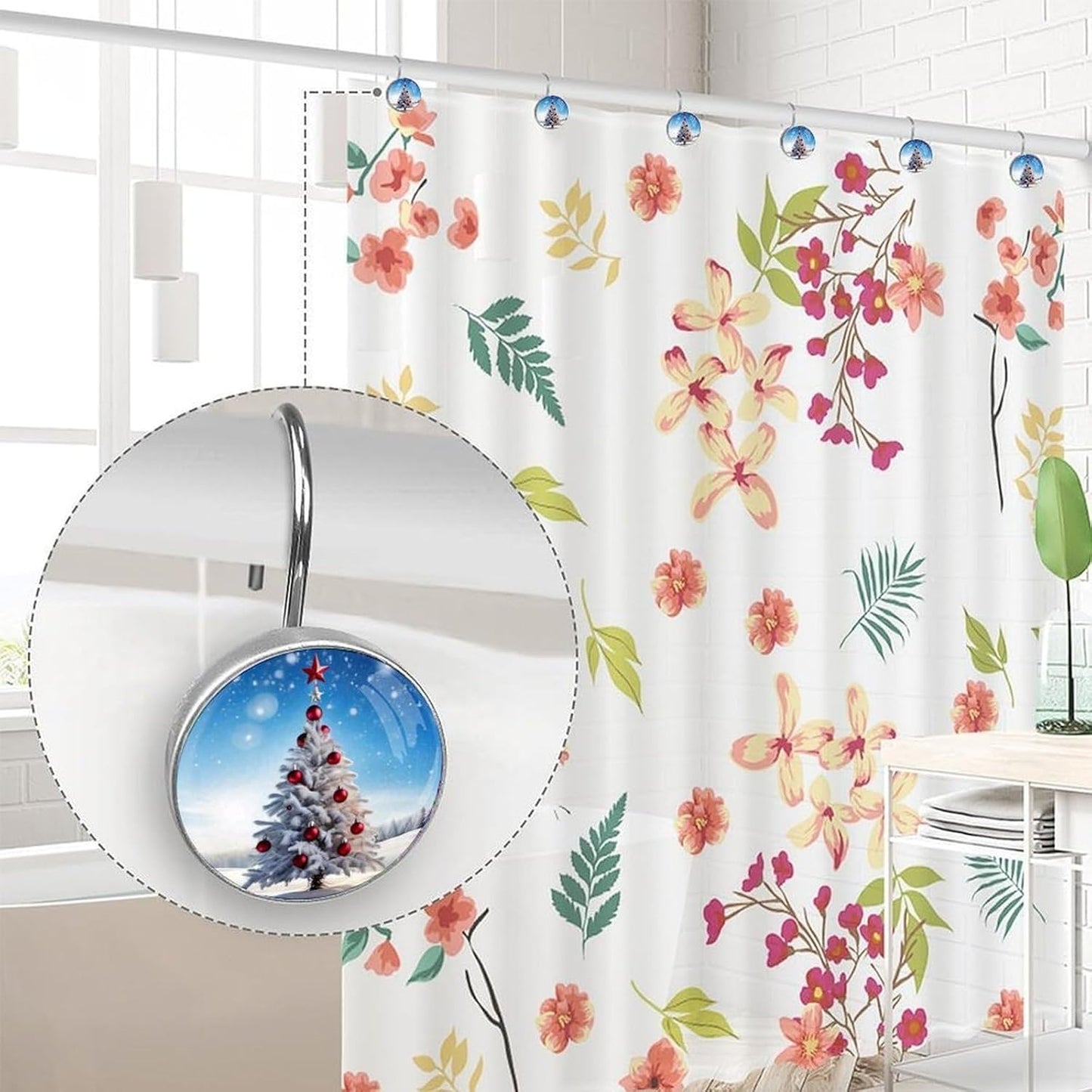 Christmas Tree Shower Curtain Hooks 12 Pcs, Xmas Tree Rust Proof Glass Surface Stainless Steel Curtain Rings for Bathroom Bedroom Living Room Kitchen Home Shower Rods Decor