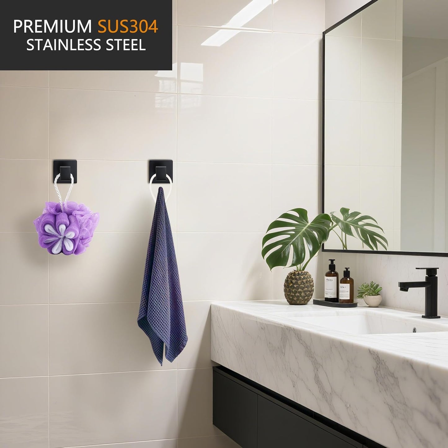 Nolimas 4 Pack Matte Black Towel Hook Stainless Steel Bathroom Rustproof Clothes Towel Coat Hook Wall Mounted Square Toilet Kitchen Heavy Duty Door Hanger