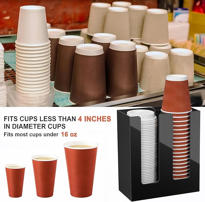 MYITYARD Coffee Cup Holder, Cup and Lid Organizer fits 5 to 16 oz Disposable Paper & Plastic Cups, Cup Dispenser Countertop, Acrylic Cup Storage for Home, Kitchen, Office (2 Compartment)