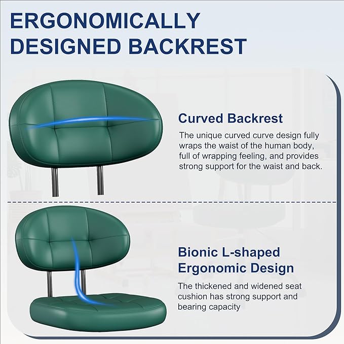 Misolant Vanity Chair with back, Small Armless Cute office Chair with wheels and Lumbar support, Comfy PU Leather Desk Computer Chairs with Adjustable Height, 360°Swivel for Home Bedroom Office, Green