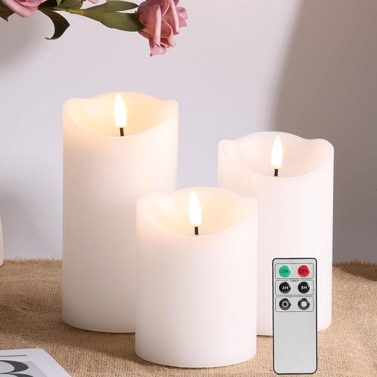 Eywamage White Flameless Pillar Candles with Remote, Flickering Realistic Battery Powered LED Wax Candles, Φ 3" H 4" 5" 6"