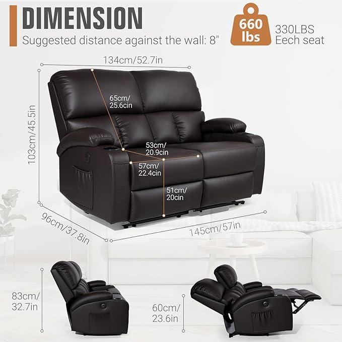 Home Theater Seating,RV Recliner Sofa with Massage and Heat,Manual RV Recliner Loveseat with USB/Cup Holders and Side Pocket for Living Room,2 Seater Brown