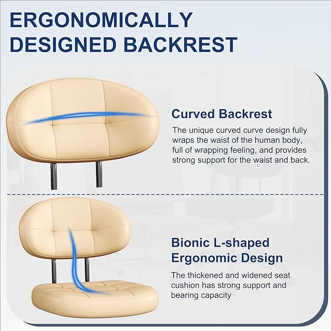 Misolant Vanity Chair with Back, Small Armless Cute Office Chair with Wheels and Lumbar Support, Comfy PU Leather Desk Computer Chairs with Adjustable Height, 360° Swivel for Home Bedroom, Khaki