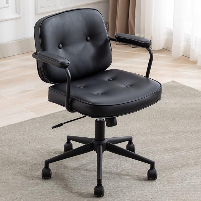 LukeAlon Adjustable Pu Leather Office Chair, Comfy 360° Swivel Task Chair with Armrest Modern Thickened Seat Desk Chair Tiltable Computer Chair with Button Tufted for Home Office, Black