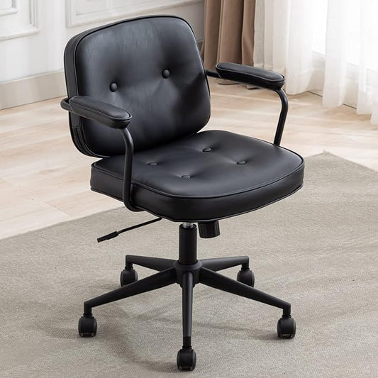 LukeAlon Adjustable Pu Leather Office Chair, Comfy 360° Swivel Task Chair with Armrest Modern Thickened Seat Desk Chair Tiltable Computer Chair with Button Tufted for Home Office, Black