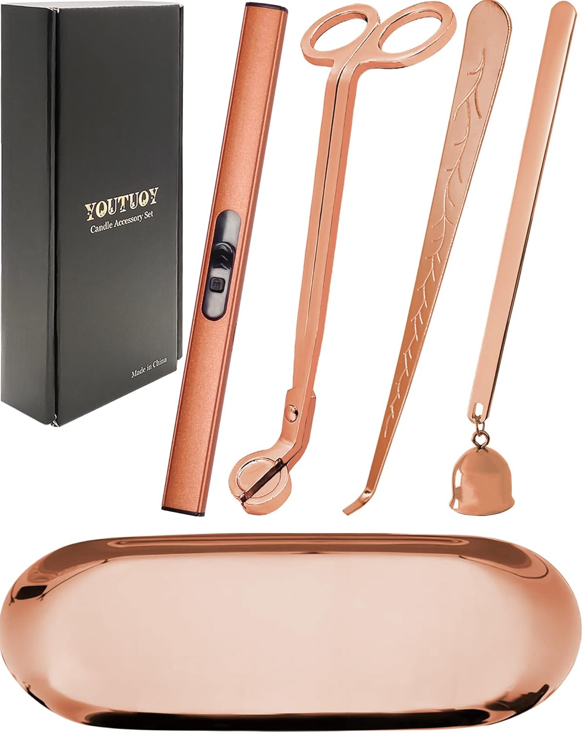 5 in1 Candle Accessory Set with Rechargeable Candle Lighter, Candle Wick Trimmer, Candle Wick Snuffer, Candle Wick Dipper, Storage Tray Plate, Candle Care Kit (Rose Gold)