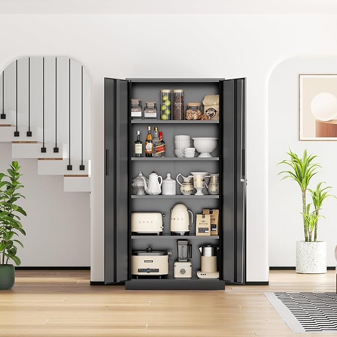 SUNCROWN 72" Metal Storage Cabinet - Heavy-Duty Metal Garage Cabinet with 4 Adjustable Shelves & 2 Doors for Tools, Office, Home, Workshop,Black-Small