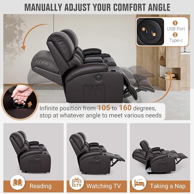 Home Theater Seating,RV Recliner Sofa with Massage and Heat,RV Manual Recliner Loveseat with USB/Cup Holders and Side Pocket for Living Room,3 Loveseat Brown