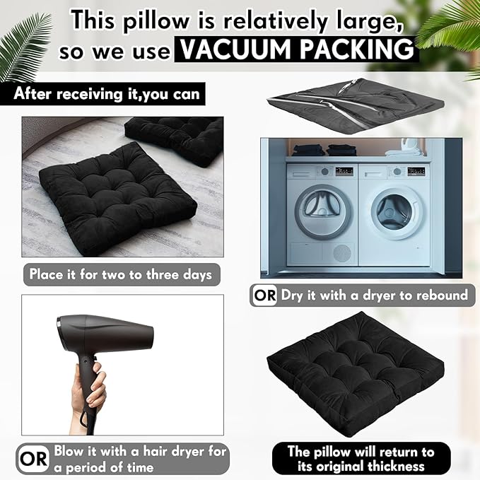 Jerify 4 Pcs Floor Pillow Cushions 22 x 22 Inch Round Square Large Meditation Floor Pillow for Classroom Adult Meditation Picnic Party Cushion for Seating Gift Christmas(Black,Square)