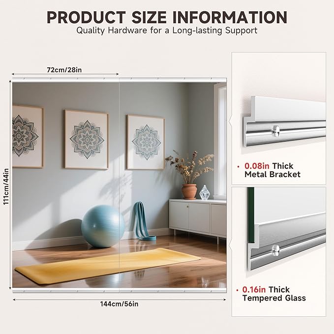 Home Gym Mirror, 44'' x 29'' x 2PCS, Large Full Body Mirror for Yoga, Frameless Tempered Glass, Wall Mounted for Home Gym, Garage, Bedroom, Bathroom