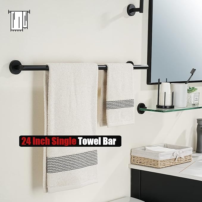JQK Black Towel Bar, 27 Inch 304 Stainless Steel Thicken 0.8mm Towel Rack Bathroom, Towel Holder Matte Black Wall Mount, Useable Length 24 Inch, TB110L24-PB