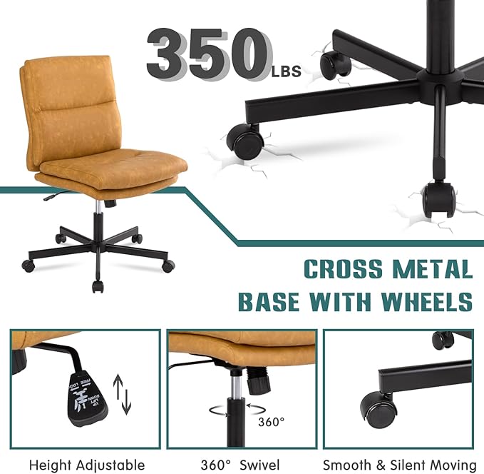 LUCKWIND Armless Office Desk Chair with Wheels, Double Padded PU-Leather Chairs, Mid-Back Criss Cross Swivel Task Chair, Height Adjustable Cushioned Vanity Chair for Home, Office & Bedroom (Yellow)