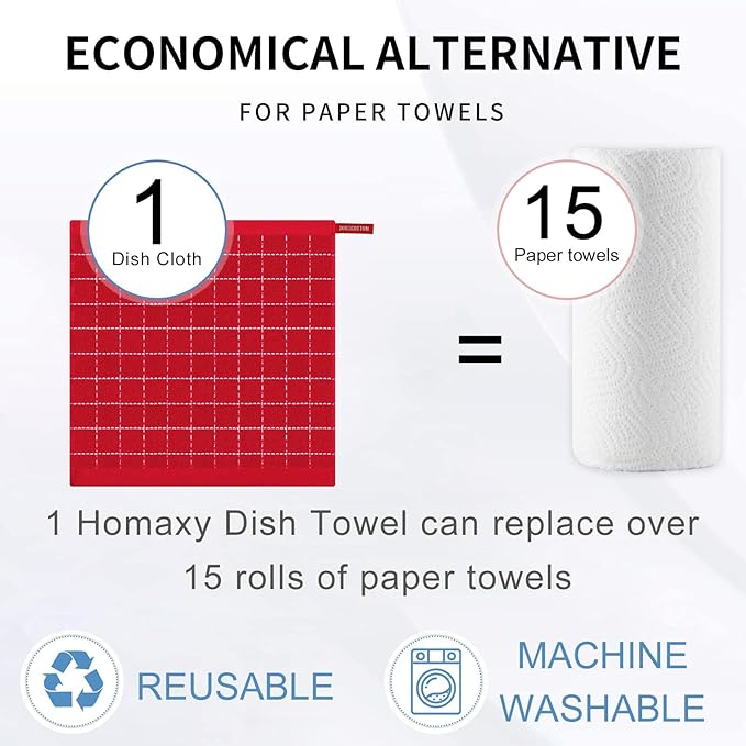 Homaxy 100% Cotton Terry Kitchen Dish Cloths, Ultra Soft and Absorbent Dish Towels for Kitchen, Suitable for Drying and Washing Dishes, 12 Pack, 12 x 12 Inches, Red