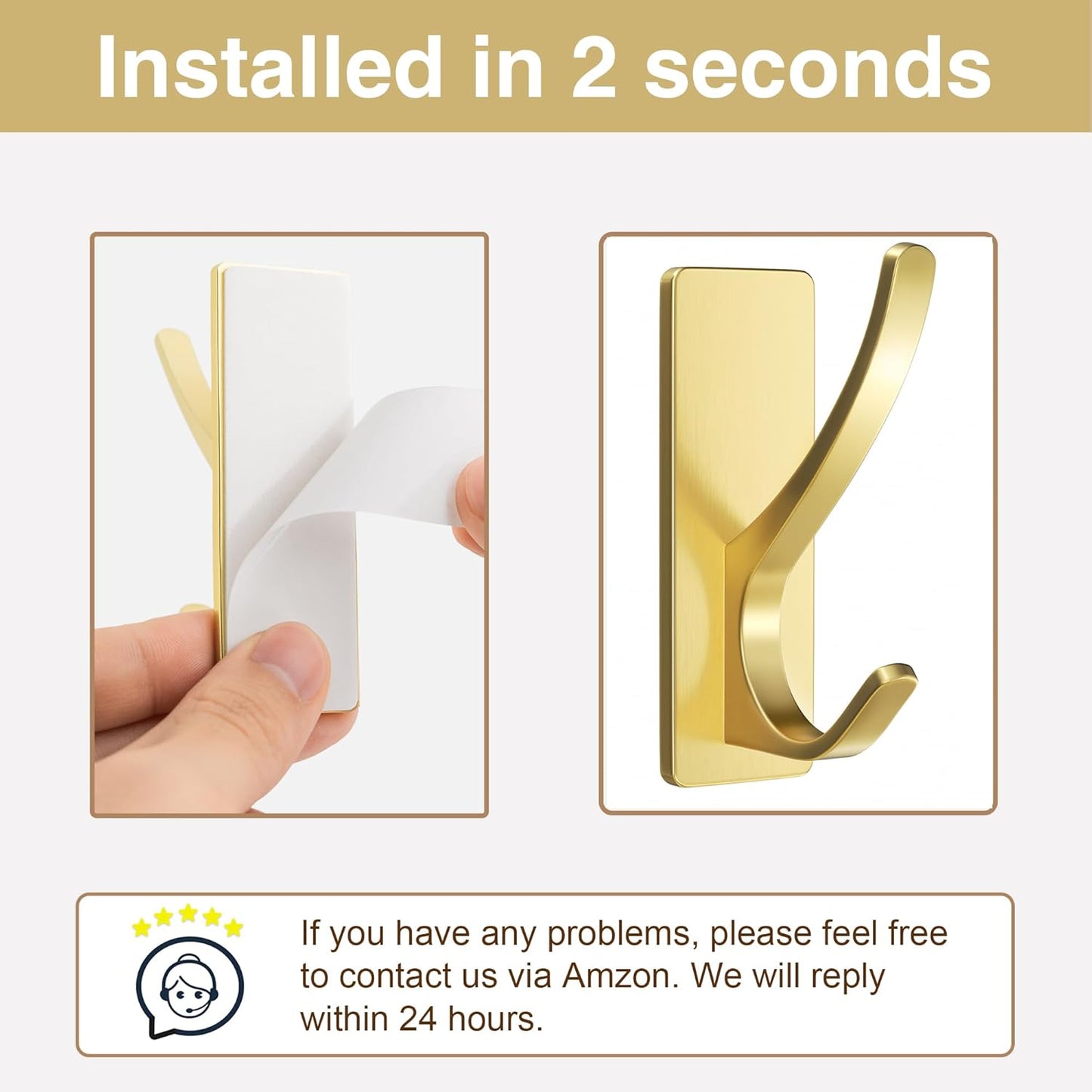 Self Adhesive Coat Hooks for Hanging, Heavy Duty Stainless Double Wall Hook for Towel, Backpack, Hat, Sturdy Metal Hanger for Bathroom, Bedroom, Door, Wall Mounted, 6-Pack, Brushed Gold