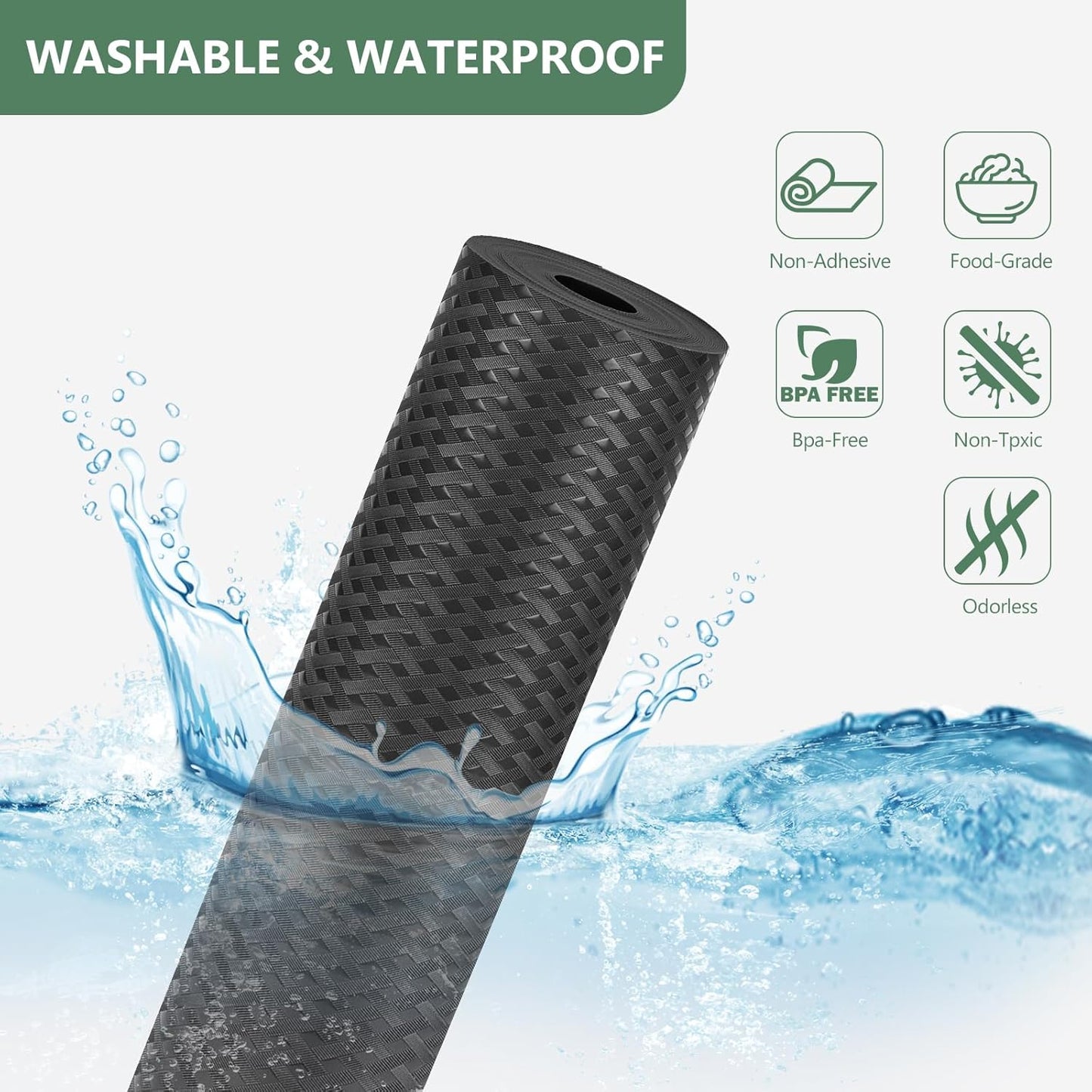 Shelf Liners, Non-Adhesive Drawer Liner, Waterproof & Oil-Proof Kitchen Cabinet Cupboard Liner Plastic EVA Material BPA Free Fridge Liner Mats Paper Protector for Shelves (Black/16in x 240in)