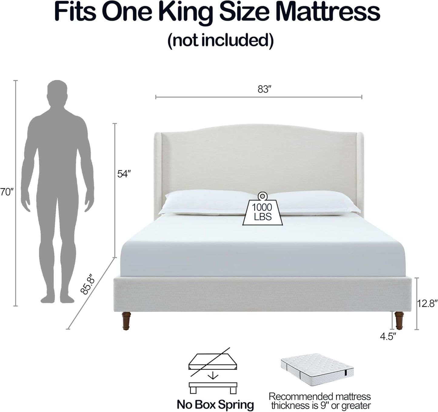 King 54" Tall Headboard Wingback Upholstered Platform Bed Frame Premium Textured Canvas Look for Bedroom Strong Wood Slats Support No Box Spring Needed Easy Assembly No Noise Ivory