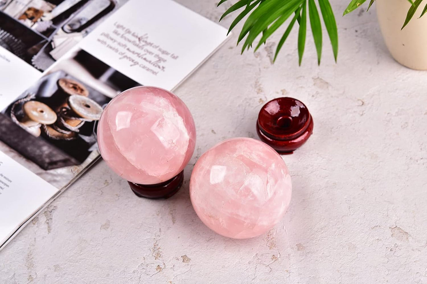JIC Gem 2.9 Inch Natural Pink Rose Quartz Magic Crystal Healing Ball Ornament Sphere with Wood Stand for Decoration,Meditation, Scrying Mirror,Feng Shui.