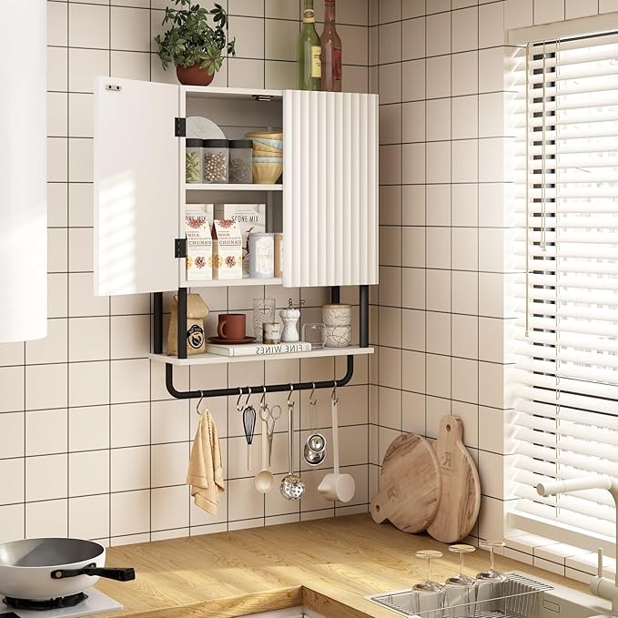 RUSTOWN Fluted Bathroom Wall Cabinet with 2 Doors, 3-Tier Modern Farmhouse Medicine Cabinet, Over The Toilet Storage Cabinet with Adjustable Shelf and Towel Bar (White, Medium)