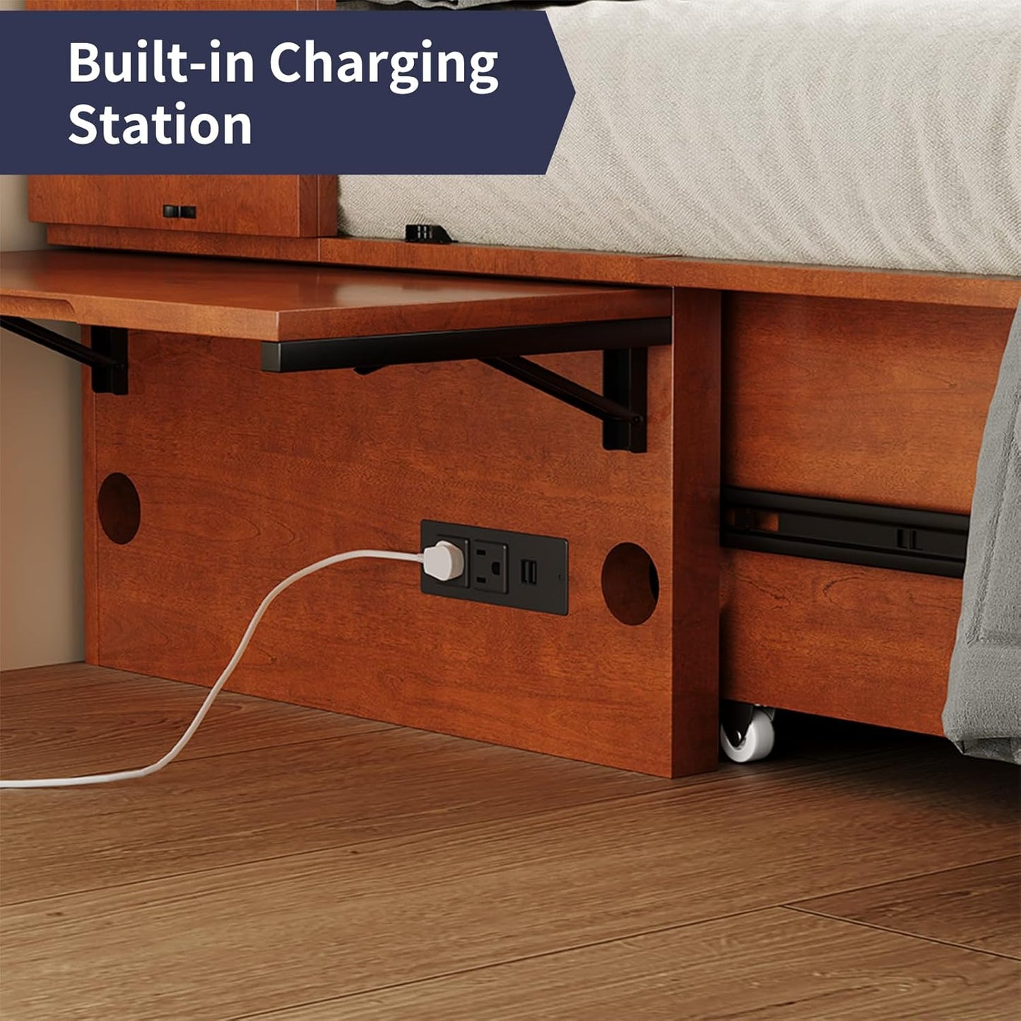 ijuicy Murphy Bed Queen Size with Foam Mattress, Side Storage Board, Cabinet Bed with Charging Station Large Storage Drawer for Space-Saving Room, Foldable Hideaway Bed Queen-Cherry