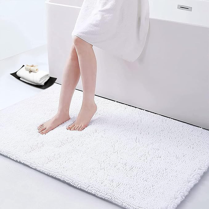 Smiry Luxury Chenille Bathroom Rugs 44x24, Extra Soft and Absorbent Shaggy Bath Mat, Machine Washable, Non-Slip Plush Carpet Runner for Tub, Shower, and Floor, Home Decor Accessories, White