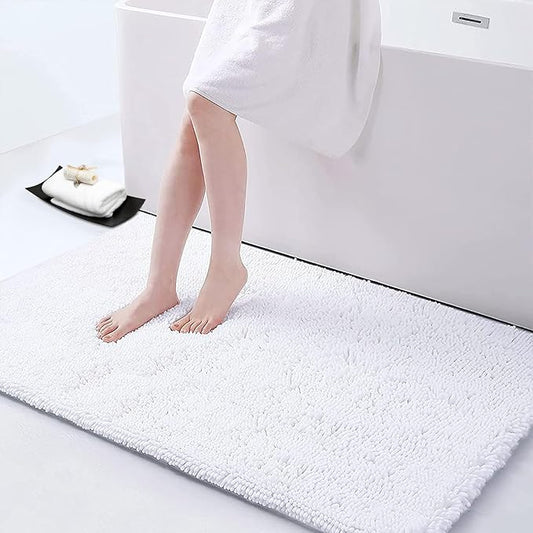Smiry Luxury Chenille Bathroom Rugs 44x24, Extra Soft and Absorbent Shaggy Bath Mat, Machine Washable, Non-Slip Plush Carpet Runner for Tub, Shower, and Floor, Home Decor Accessories, White