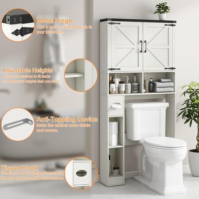 Over The Toilet Storage Cabinet, Farmhouse Storage Cabinet Over Toilet with 2 Barn Doors && Toilet Paper Holder Stand，Home Space-Saving Toilet Rack, for Bathroom, Laundry, Restroom.
