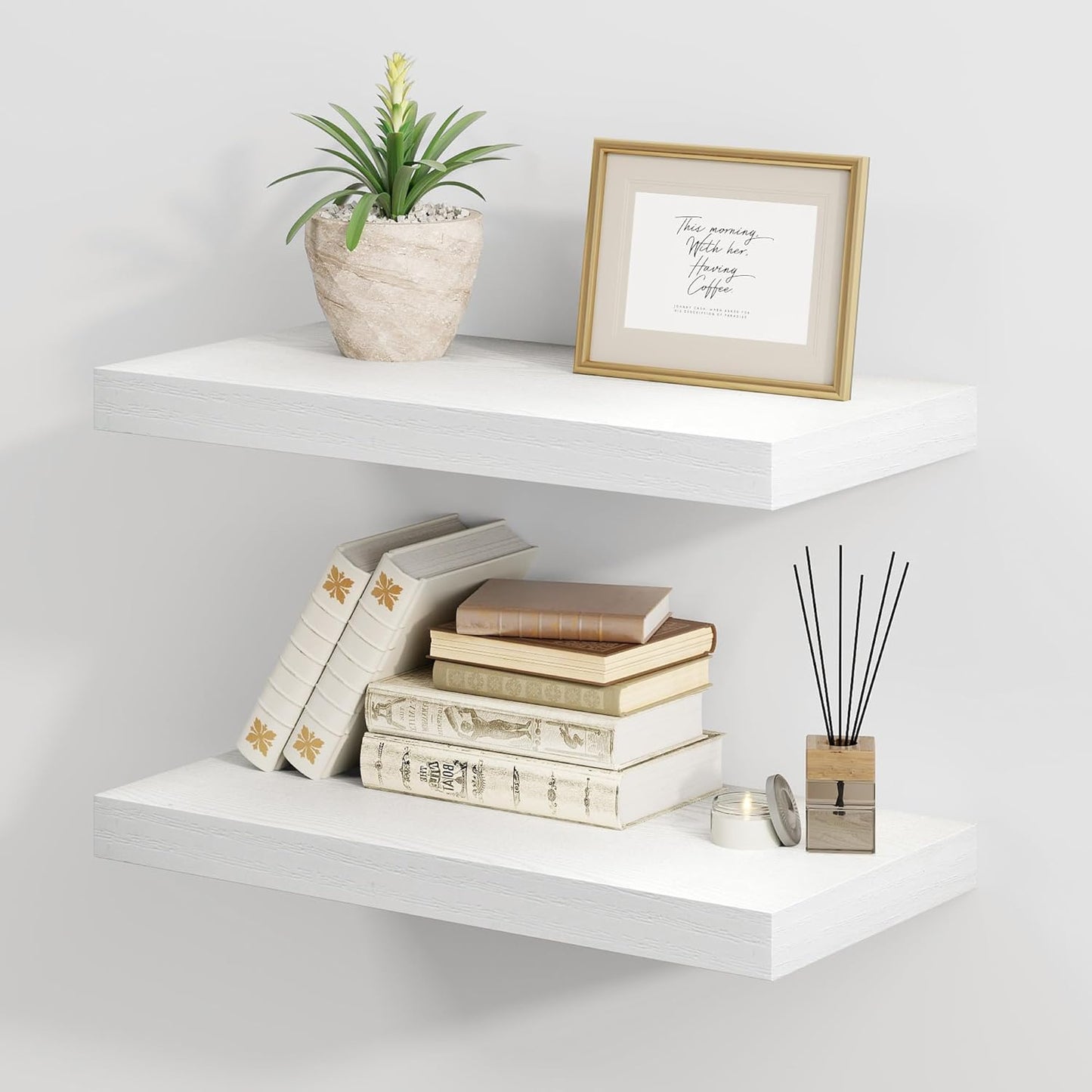 Fun Memories White Floating Shelves 16 Inch Long, 8 Deep Floating Shelf Wall Mounted, 16 x 8 Inch Wooden Bathroom Shelves, Deep Storage Shelves for Living Room, Kitchen, Set of 2