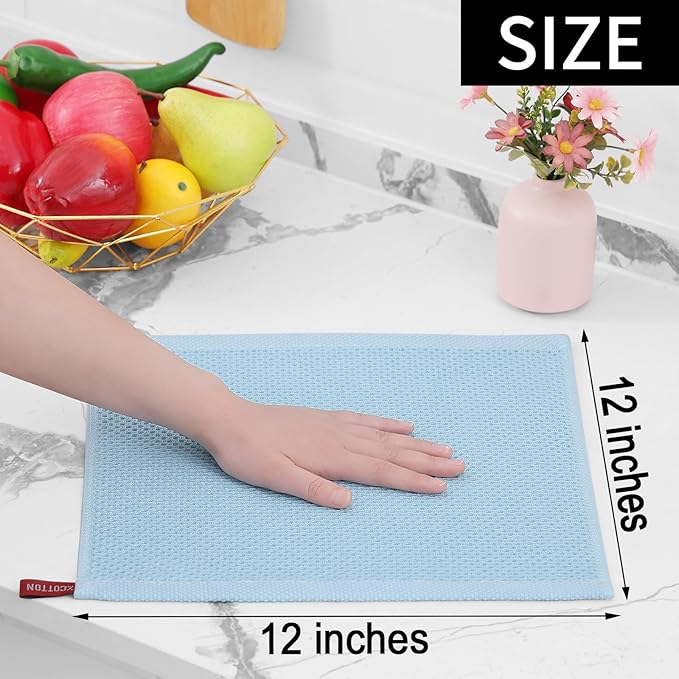 Homaxy 100% Cotton Waffle Weave Kitchen Dish Cloths, Ultra Soft Absorbent Quick Drying Dish Towels, 12 x 12 Inches, 6-Pack, Sky Blue