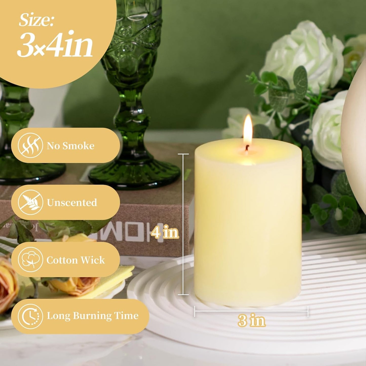 KONNI Ivory Pillar Candles Set of 3, 3"x 4" Unscented Pillar Candles Bulk, 39 Hours Long Burning Candles, Smokeless&Dripless Large Round Candle for Wedding, Home Decoration, Parties, Spas, Dinner
