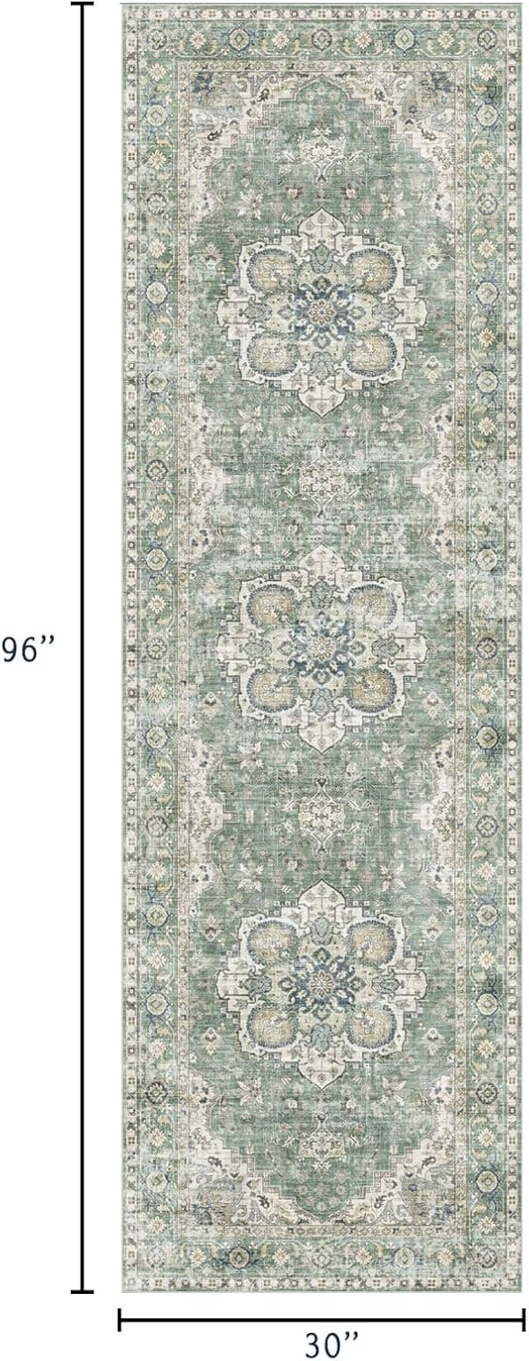 Kitchen Runner Rugs Non Skid Washable - 2.5x8ft Long Sage Green Farmhouse Boho Hallway Runner Rug Low Pile Stain Resistant Soft Vintage Oriental Carpet for Hallway Laundry Room Entryway Bedroom