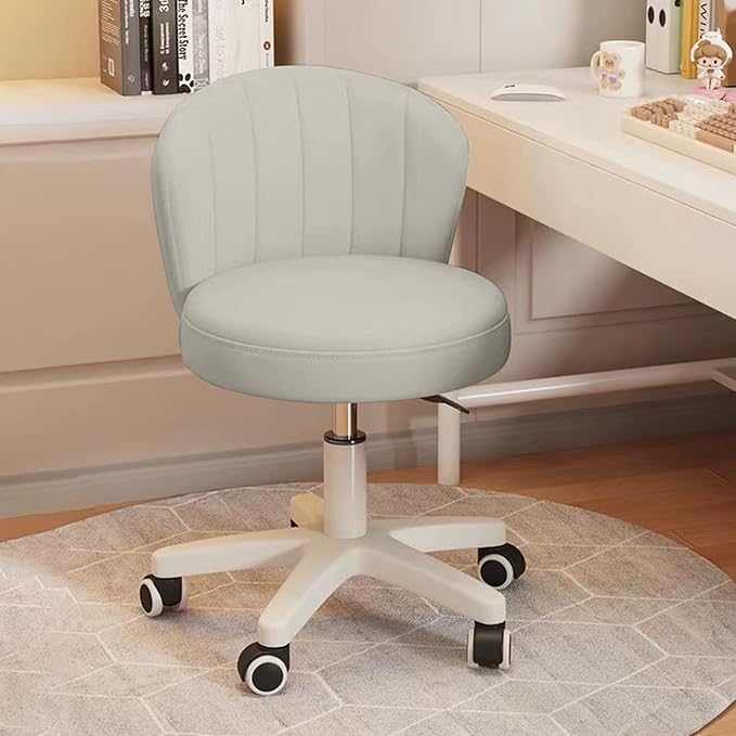 Small Desk Chair Round Rolling Chair with Back PU Leather Height Adjustable Swivel Vanity Work Computer Stool Chair for Home Office Bedroom, Set of 2