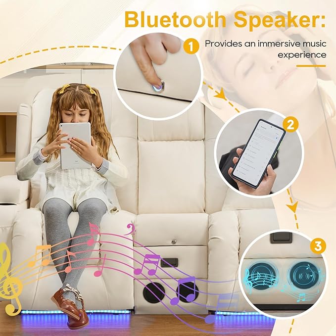 IPKIG 67" Power Reclining Loveseat Sofa, Electric Home Theater Seating with Console/4 Colors Ambient Lighting/Bluetooth Speakers/USB Ports/Built-in Outlets (Off-White, Loveseat Recliner)