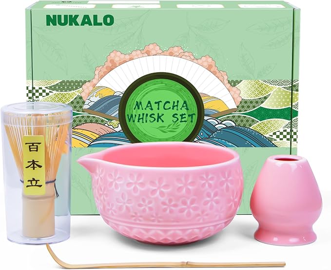 Matcha Whisk Set Matcha Kit: Ceramic Matcha Bowl, Matcha Whisk Holder, Bamboo Whisk(Chasen), Bamboo Scoop, 4Pcs Matcha Tea Set for Matcha Lover, Family Christmas Birthday Gift (Pink)