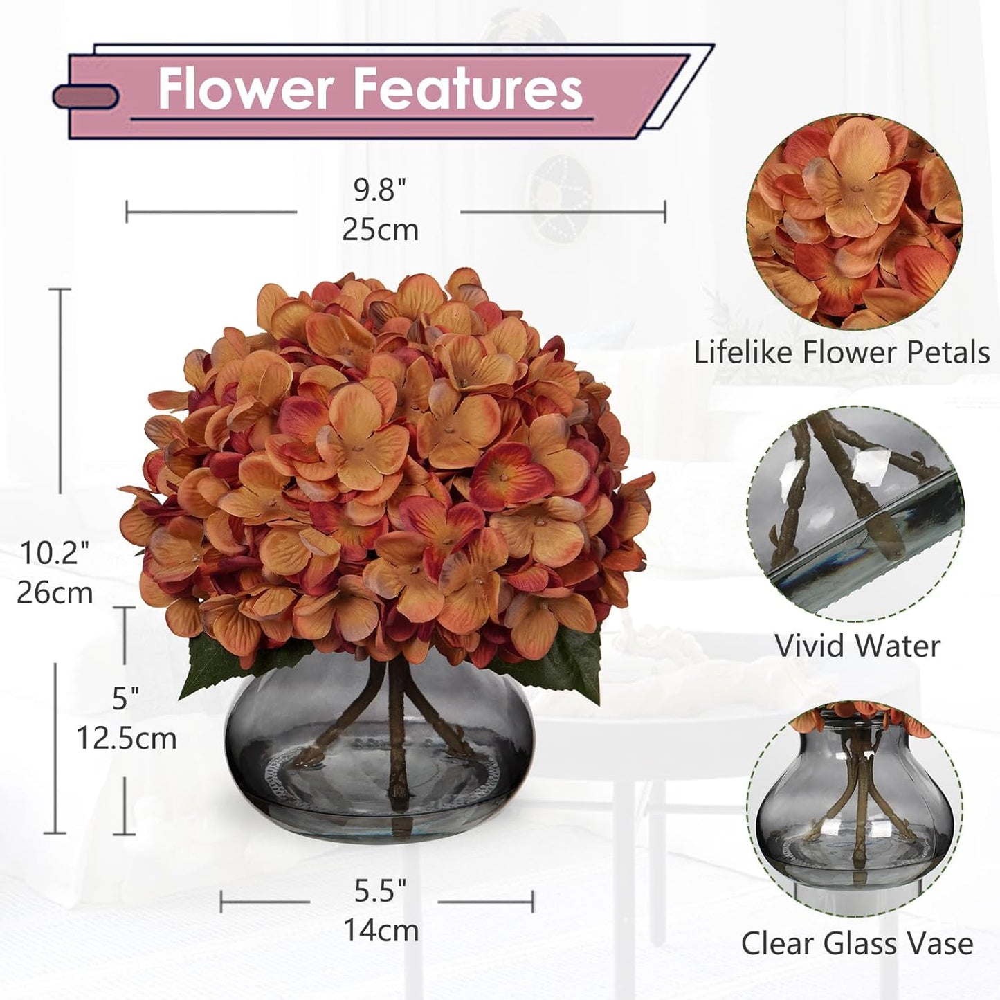 Hollyone Fall Hydrangea Artificial Flowers for Decoration with Vase Orange Silk Fake Flowers Arrangements in Glass Vase with Faux Water Faux Autumn Festival Table Centerpiece Home Decorations for Home