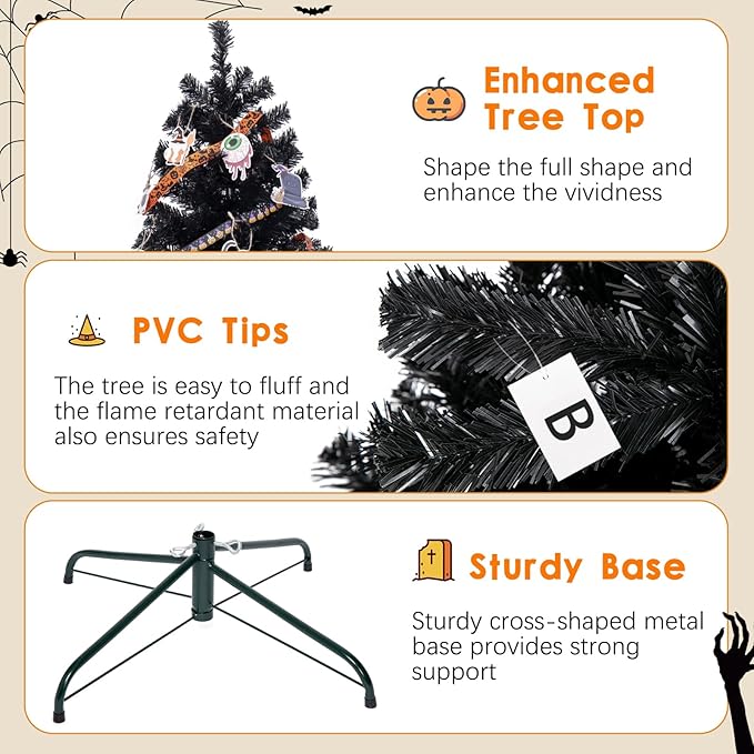 4FT Pre-Lit Black Christmas Tree, Small Artificial Halloween Tree with 450 PVC Branch Tips, 150 Warm Lights & Foldable Metal Stand Home Seasonal Holiday Decoration