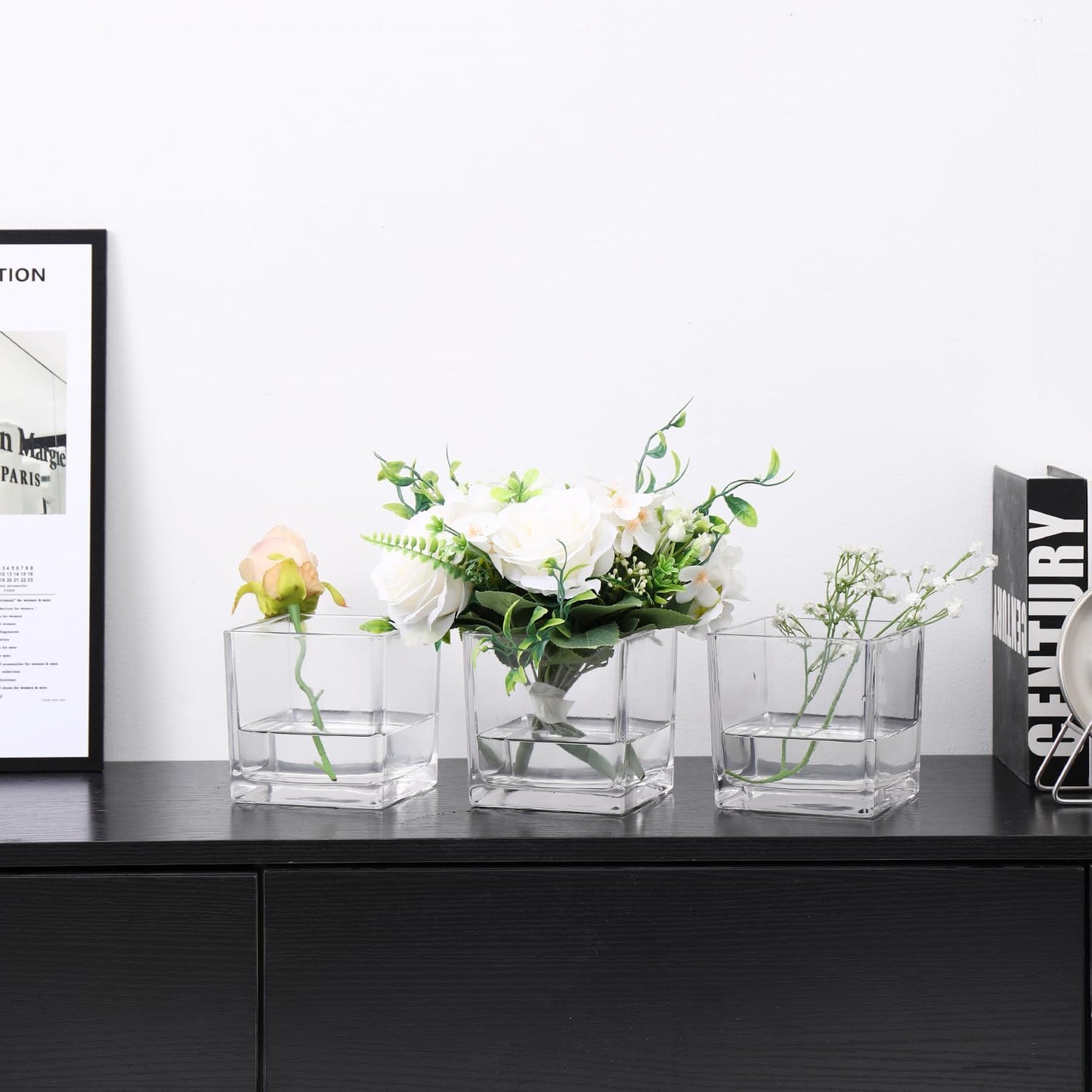 Square Glass Vases Set of 4, 4"x 4"x 4" Flower Vases for Centerpieces, Clear Glass Vase for Flowers, Small Vase for Wedding, Party, Home Office Decoration