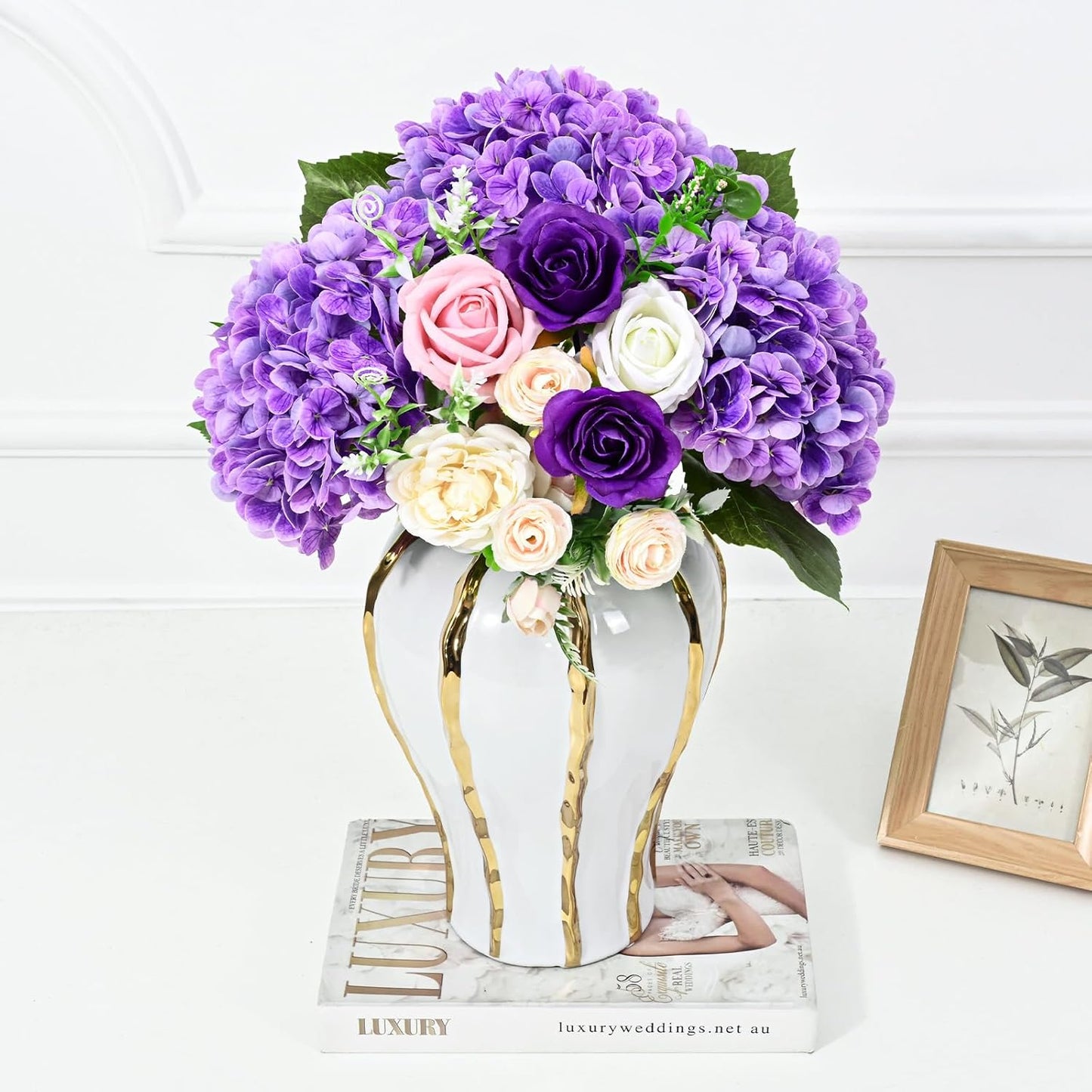 Artflower 4Pcs Real Touch Hydrangea Artificial Flowers, 22.5'' Purple Full Latex Faux Hydrangea Flowers for Home Floral Arrangements Wedding Bouquets Kitchen Table Centerpiece Decorations