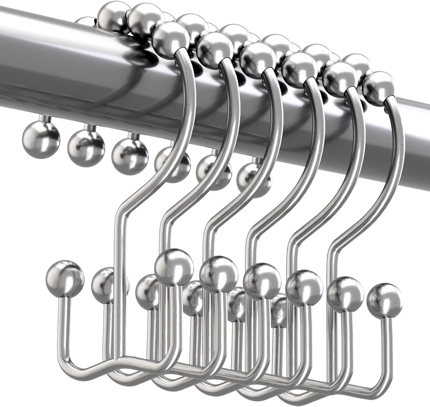 Titanker Shower Curtain Hooks Rings, Rust-Resistant Metal Double Glide Shower Hooks for Bathroom Shower Rods Curtains, Set of 12 Hooks - Chrome
