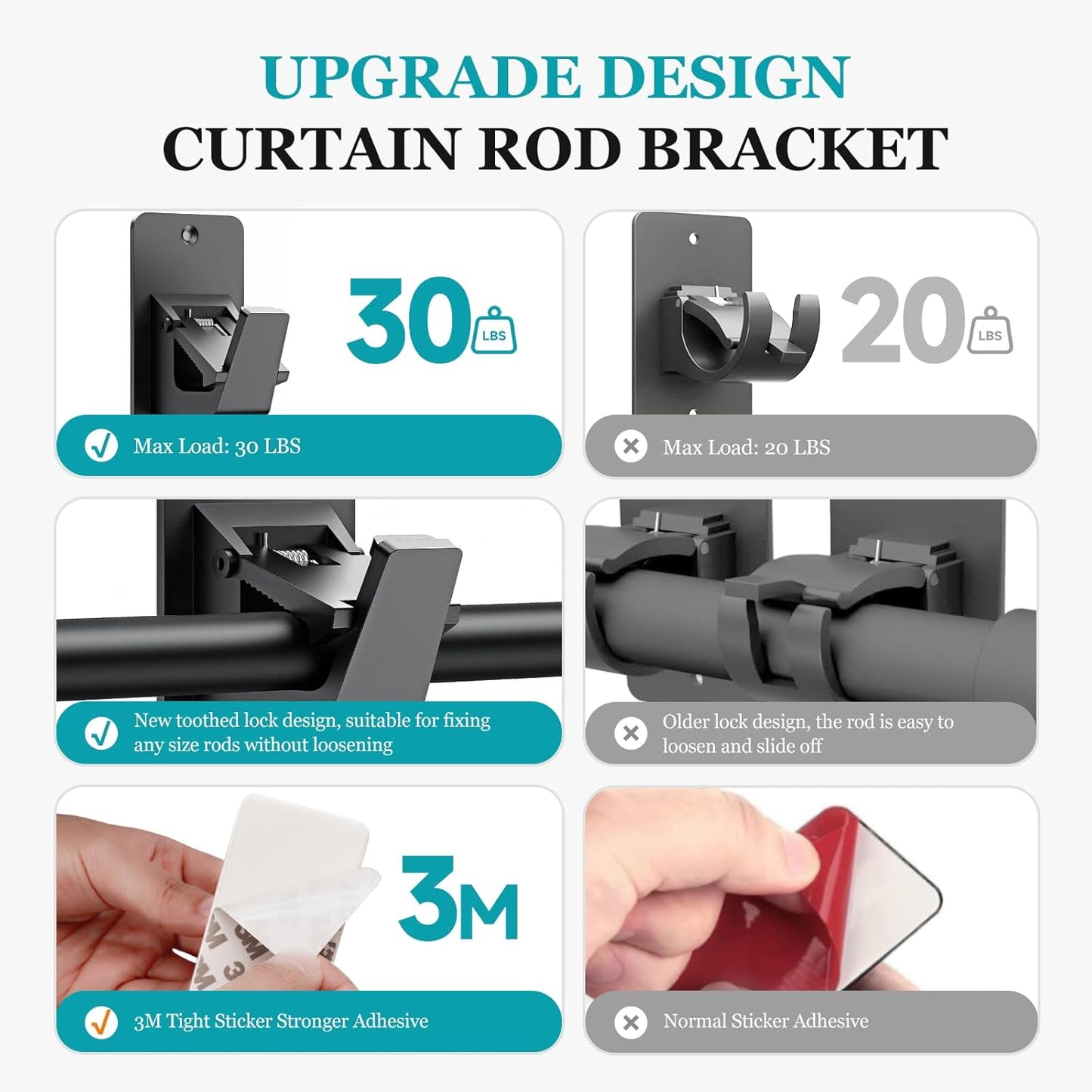 Adhesive No Drill Curtain Rod Brackets - Heavy Duty 30LB Holders for Bathroom Bedroom Kitchen, Universal Damage-Free Window Rod Hooks with Nail-Free Installation (8PC Black)