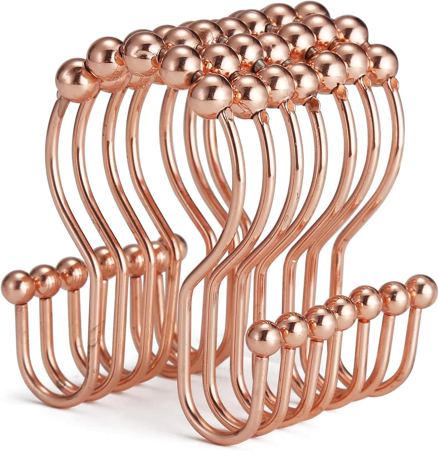 Goowin Shower Curtain Hooks, 12 Pcs Shower Curtain Rings, Stainless Steel Shower Curtain Hooks Rings Rust Proof, Smooth Sliding Anti-Drop Double Shower Hooks for Shower Curtain, Rods (Rose Gold)